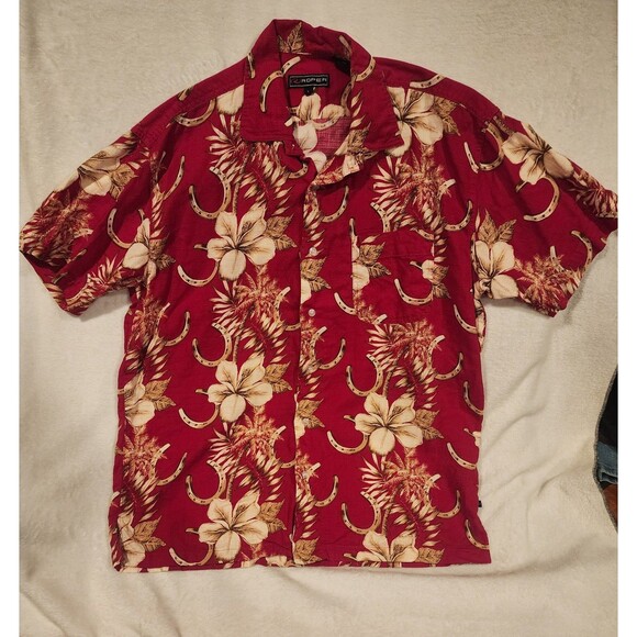 Roper Hawaiian Red Horseshoes Floral Western Button Short Sleeve Shirt Men Large - Picture 1 of 6